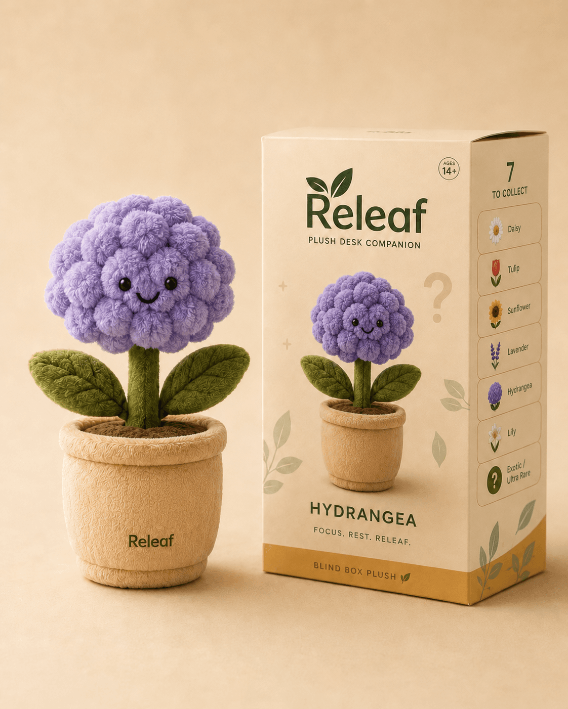 Hira the Hydrangea plush companion with its blind box
