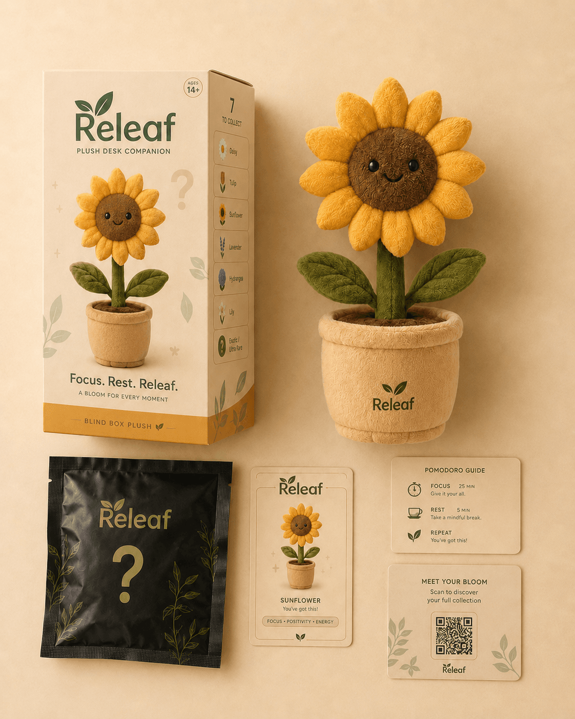 Flat-lay of an opened Releaf box: the sunflower plush, the blind-box pouch, a collector card, a Pomodoro guide card and a 'meet your bloom' QR card on a cream surface