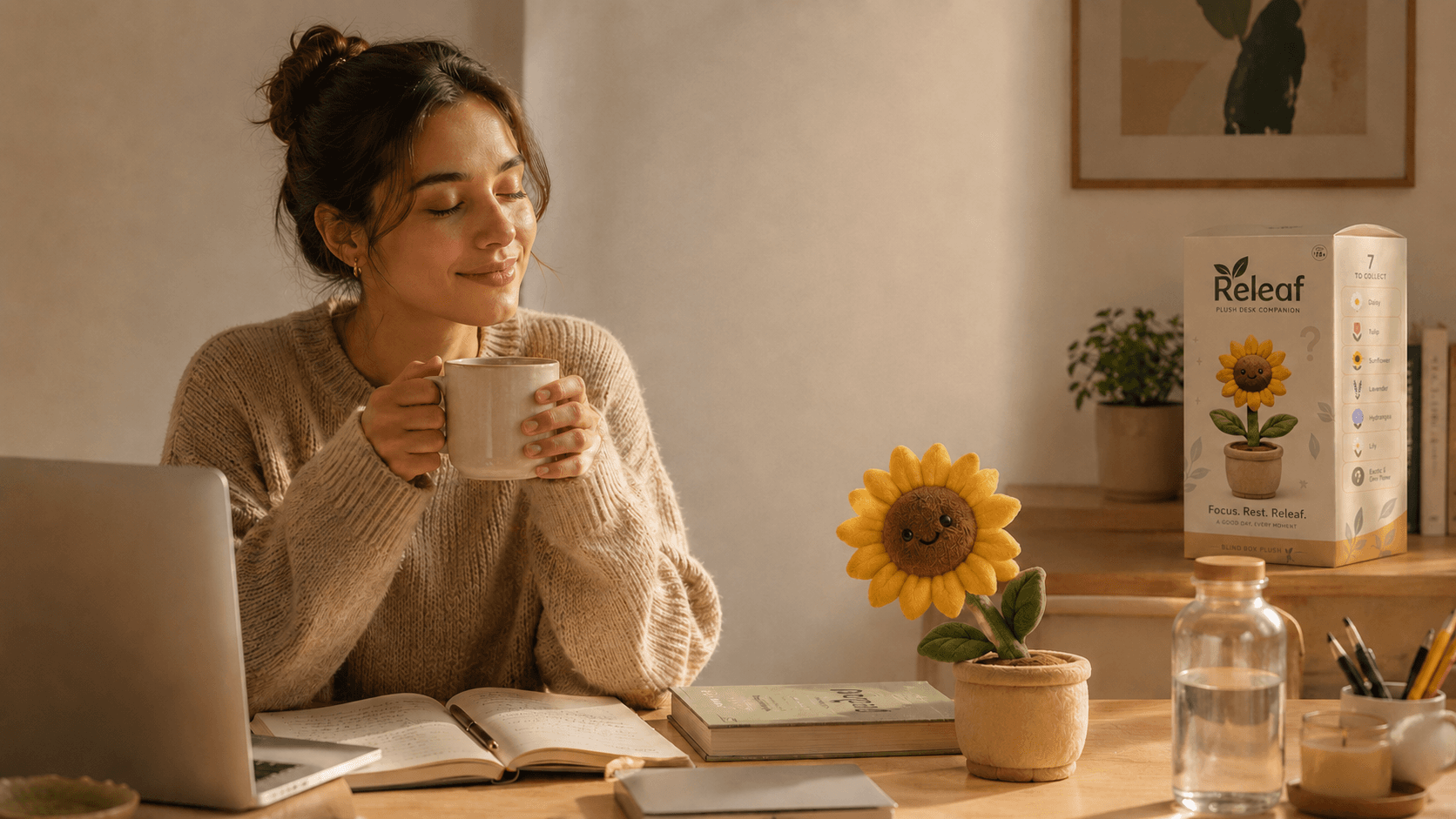 A person pausing for coffee with their eyes closed, a Releaf sunflower companion and its box on the desk beside an open notebook