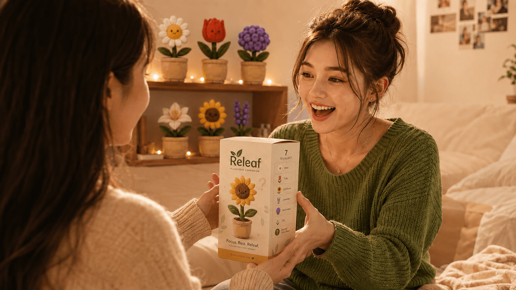 Two friends sitting together, one excitedly handing the other a Releaf box, a shelf of plush blooms glowing behind them